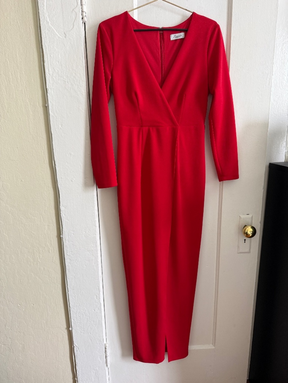 Red Long Sleeve Slit Gown Dress